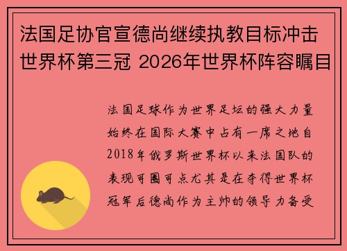 法国足协官宣德尚继续执教目标冲击世界杯第三冠 2026年世界杯阵容瞩目